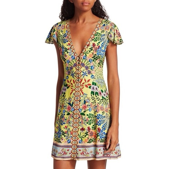 Alice + Olivia Hadley Floral Yellow Mini Fit & Flare Crepe Dress Sz 6 Tropical - Picture 3 of 16